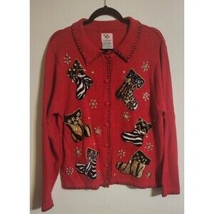 Christmas Stocking Large Red‎ animal print, Sweater beading, visible stitch trim